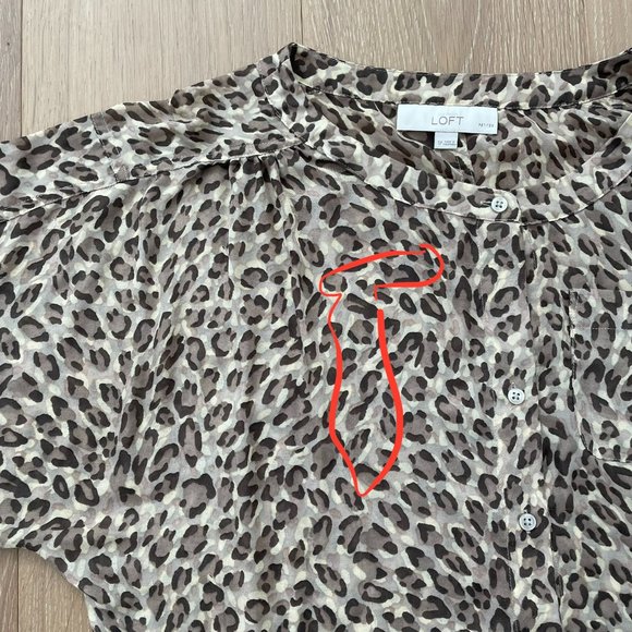 Loft Blouse Women Small Petite Brown Tan Animal Print Ann Taylor Leopard Shirt - Picture 13 of 14